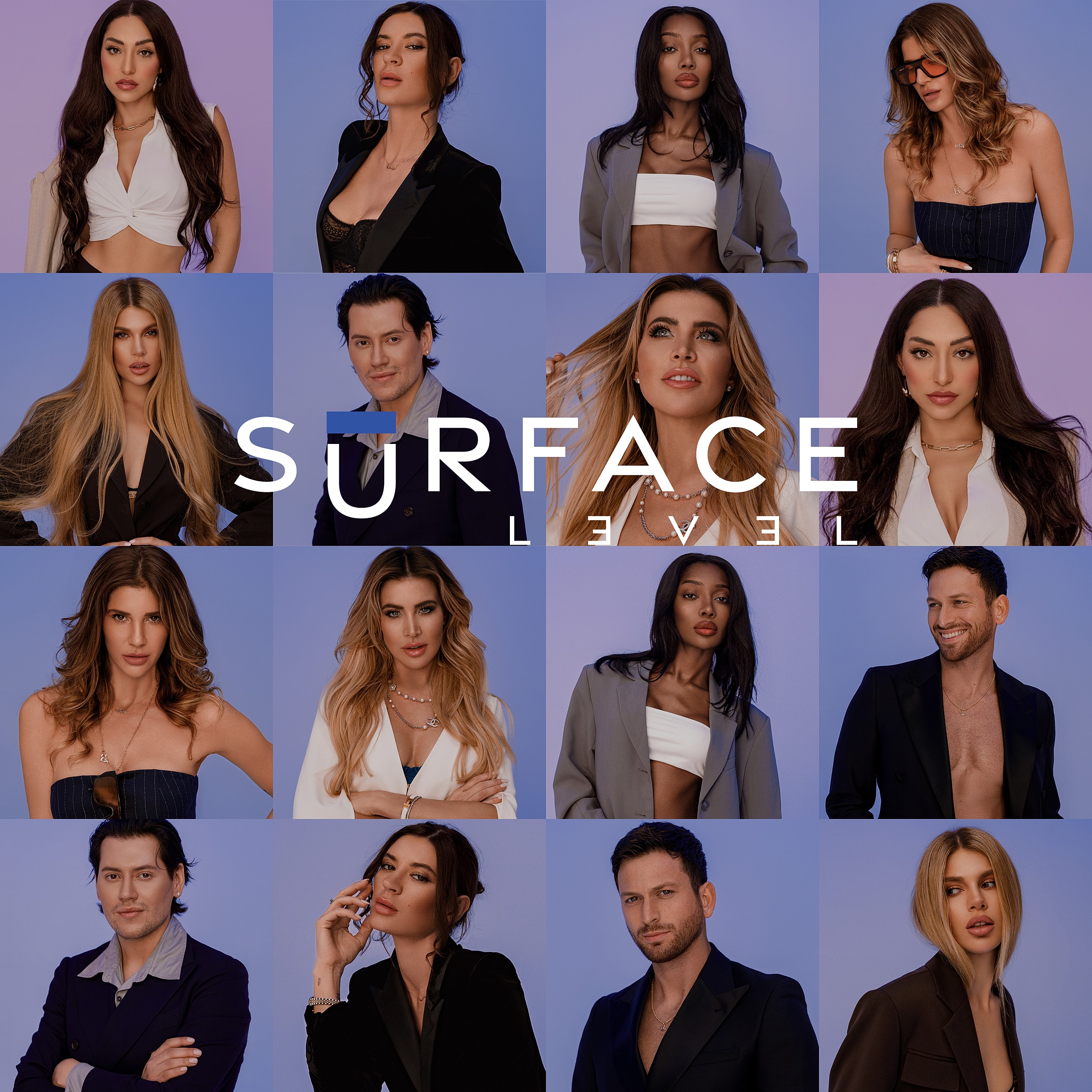 Collage of stylish individuals posing against blue background.